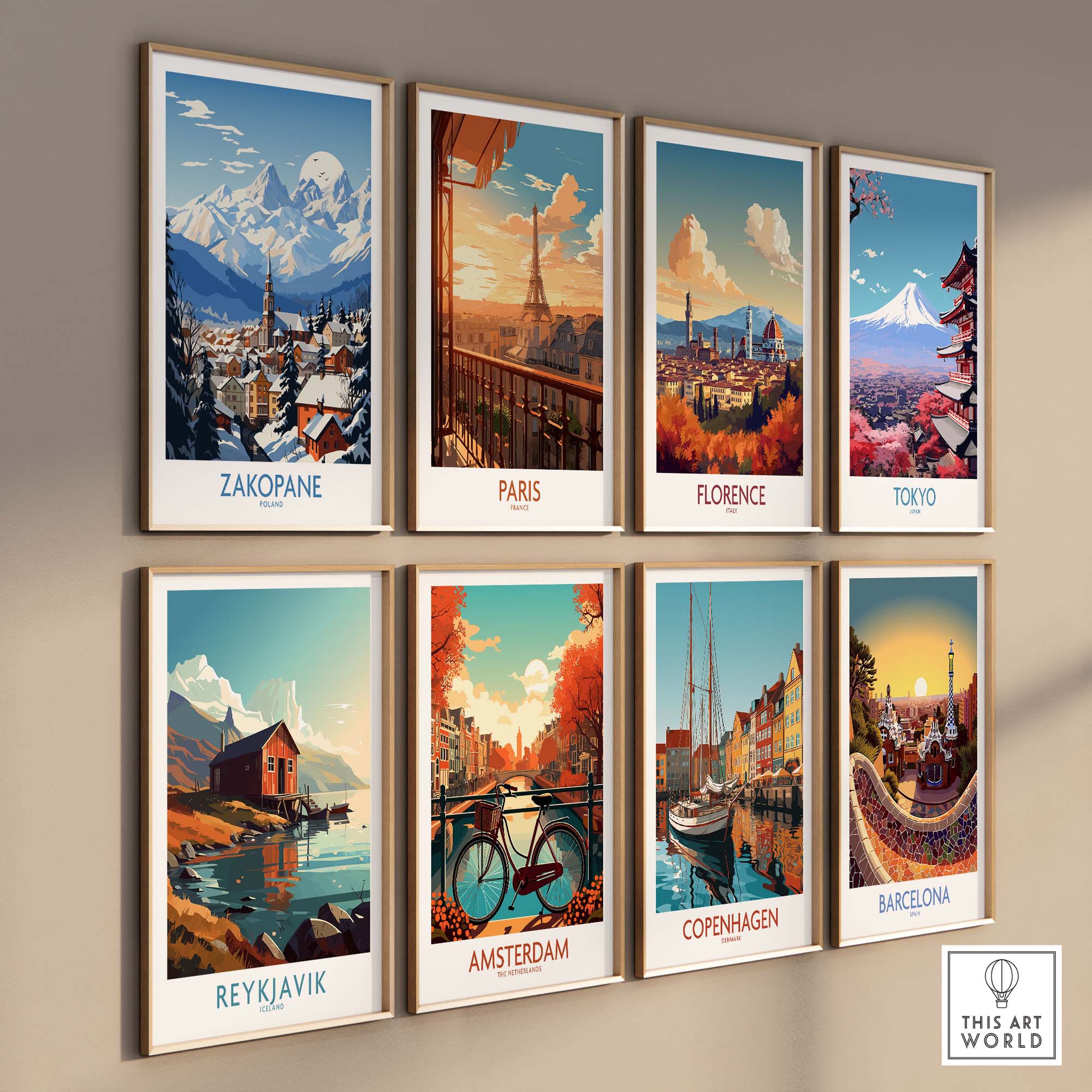 Travel poster collage featuring Zakopane, Paris, Florence, Tokyo, Reykjavik, Amsterdam, Copenhagen, and Barcelona.