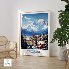 Zakopane travel poster featuring a scenic view of the mountains and town, ideal for ski resort lovers and decor enthusiasts.