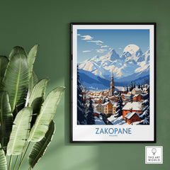 Zakopane travel poster featuring a scenic winter mountain view and quaint village in Poland, perfect for outdoor enthusiasts.