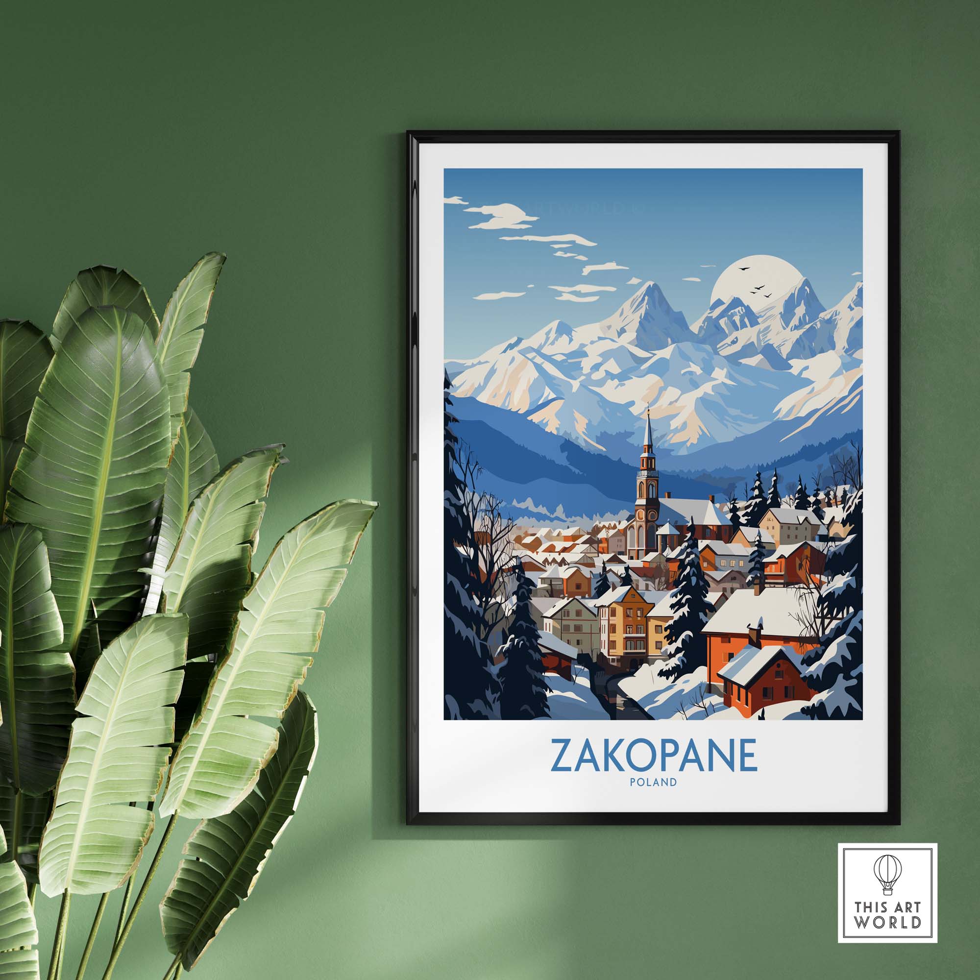 Zakopane travel poster featuring a scenic winter mountain view and quaint village in Poland, perfect for outdoor enthusiasts.