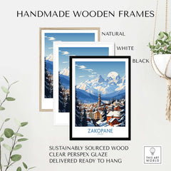 Handmade wooden frames for Zakopane travel poster in natural, white, and black finishes. Sustainable and ready to hang.
