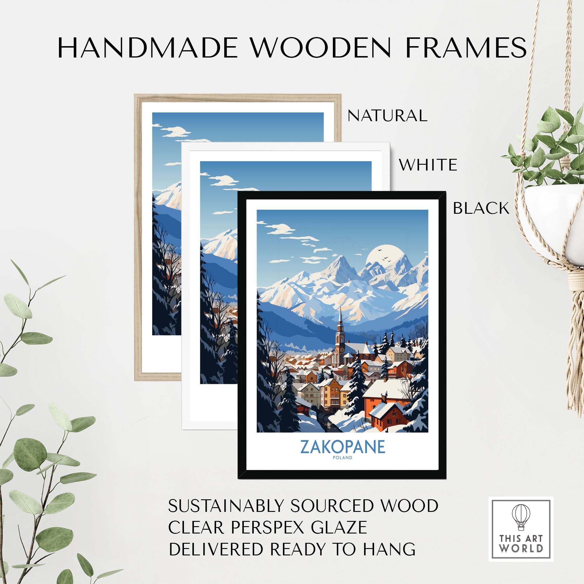 Handmade wooden frames for Zakopane travel poster in natural, white, and black finishes. Sustainable and ready to hang.