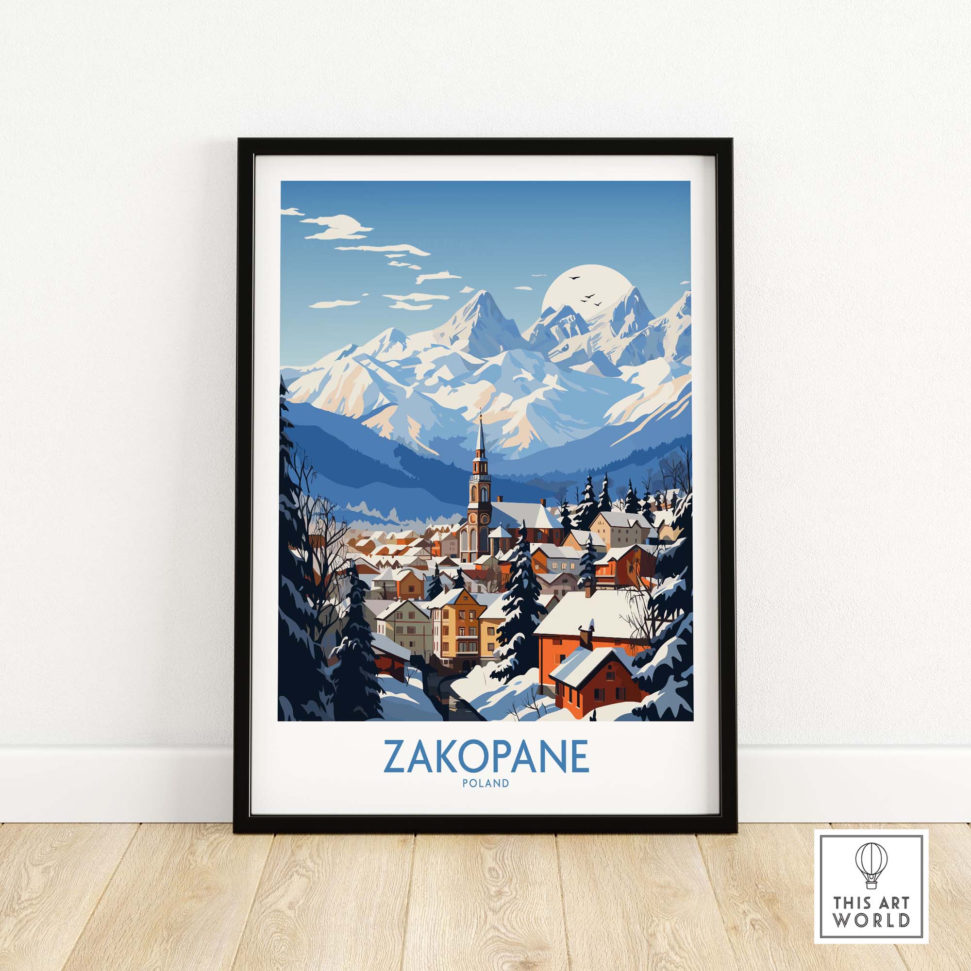 Zakopane travel poster featuring snow-covered mountains and a quaint town in Poland, perfect for ski and outdoor enthusiasts.