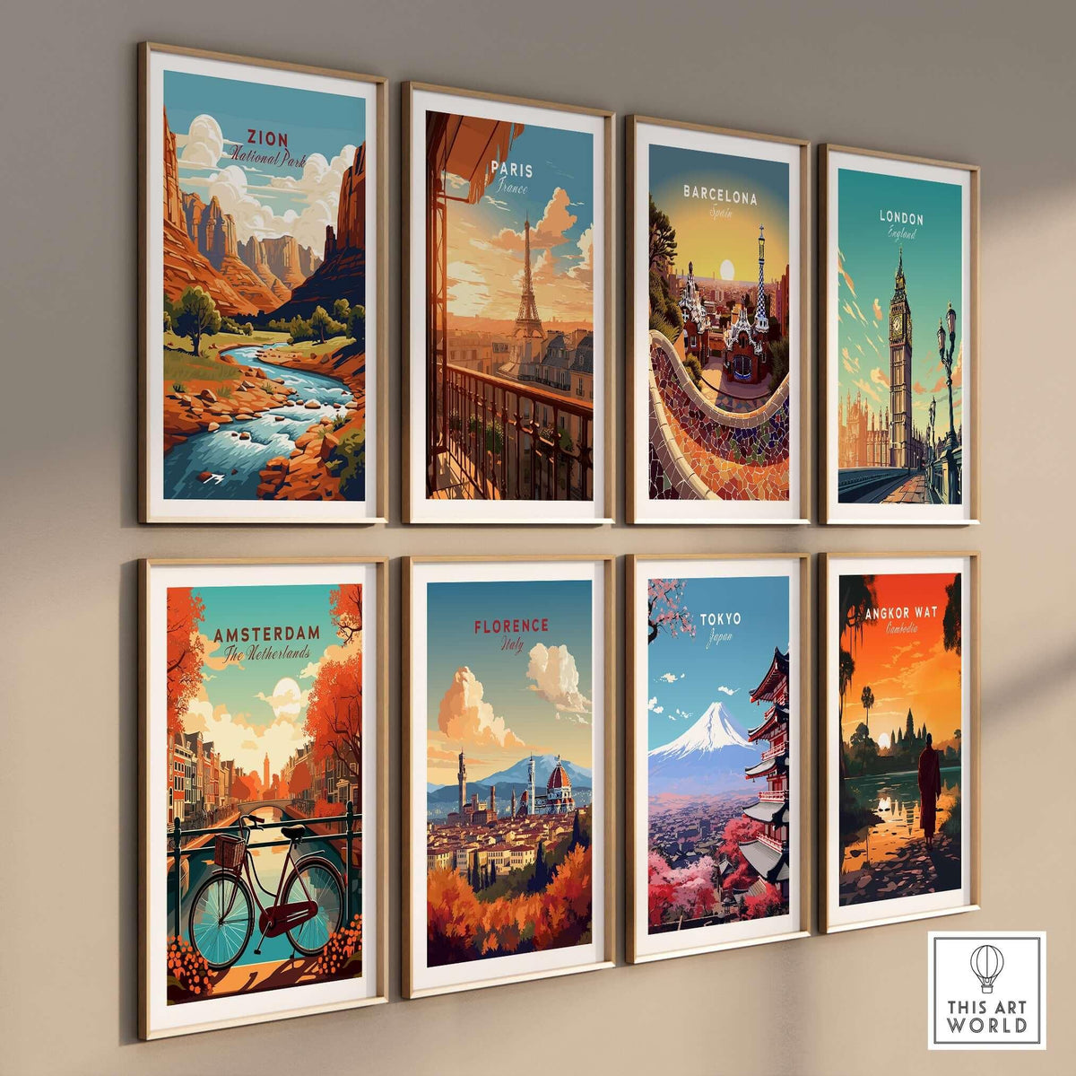 Zion NP Majestic Red Rock Cliffs Print | Utah National Park Wall Art displayed with other city-themed artwork.