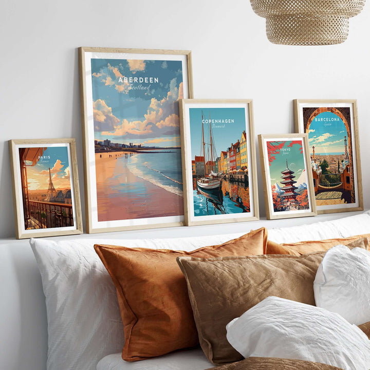 Aberdeen Beach Sunset Seascape Print | Colourful Coastal Wall Decor displayed among various travel art prints.