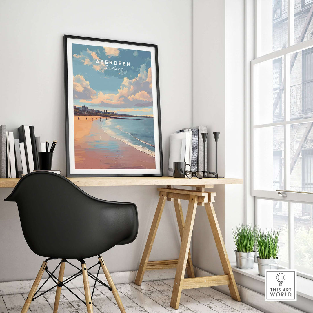 Aberdeen Beach Sunset Seascape Print | Colourful Coastal Wall Decor in a modern workspace setting.