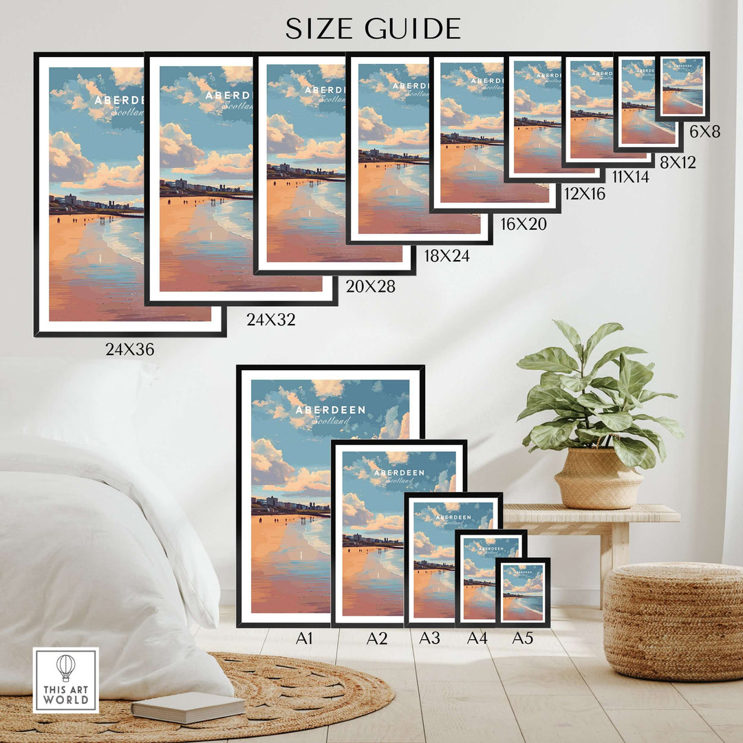 Aberdeen Beach Sunset Seascape Print | Colourful Coastal Wall Decor size guide featuring various frame sizes.