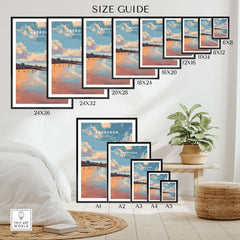 Aberdeen Beach Sunset Seascape Print | Colourful Coastal Wall Decor size guide showcasing various frame sizes.