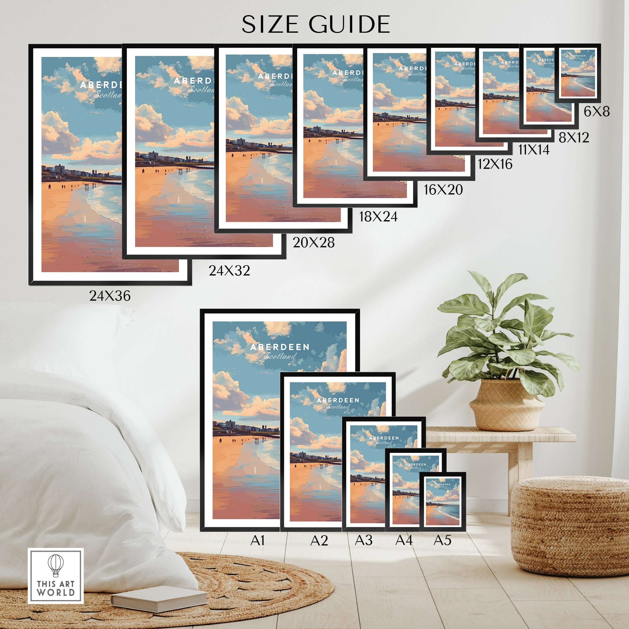 Aberdeen Beach Sunset Seascape Print | Colourful Coastal Wall Decor size guide showcasing various frame sizes.