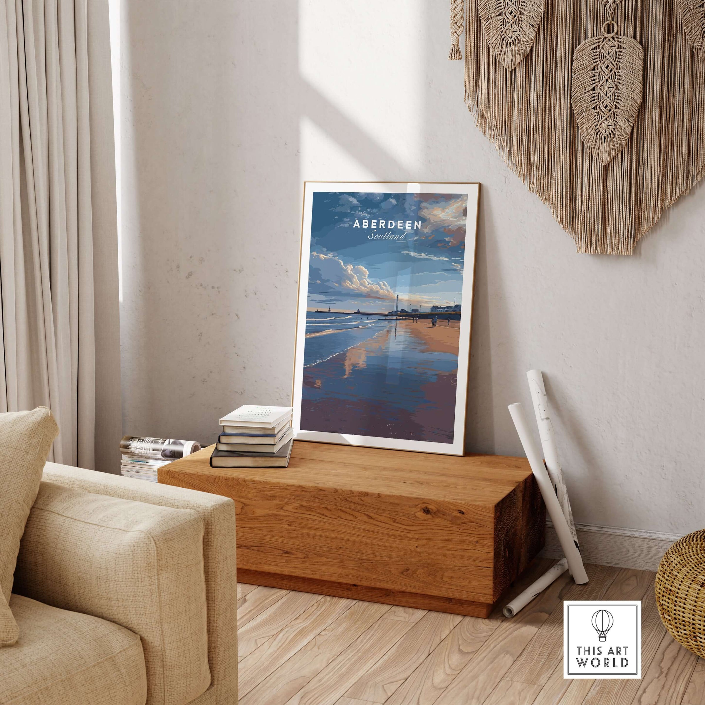 Aberdeen Dusk Beach Seascape Poster | Scottish Seaside Home Art displayed in a cozy living room setting.