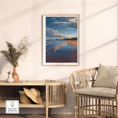 Aberdeen Dusk Beach Seascape Poster | Scottish Seaside Home Art displayed in a cozy living room setting.