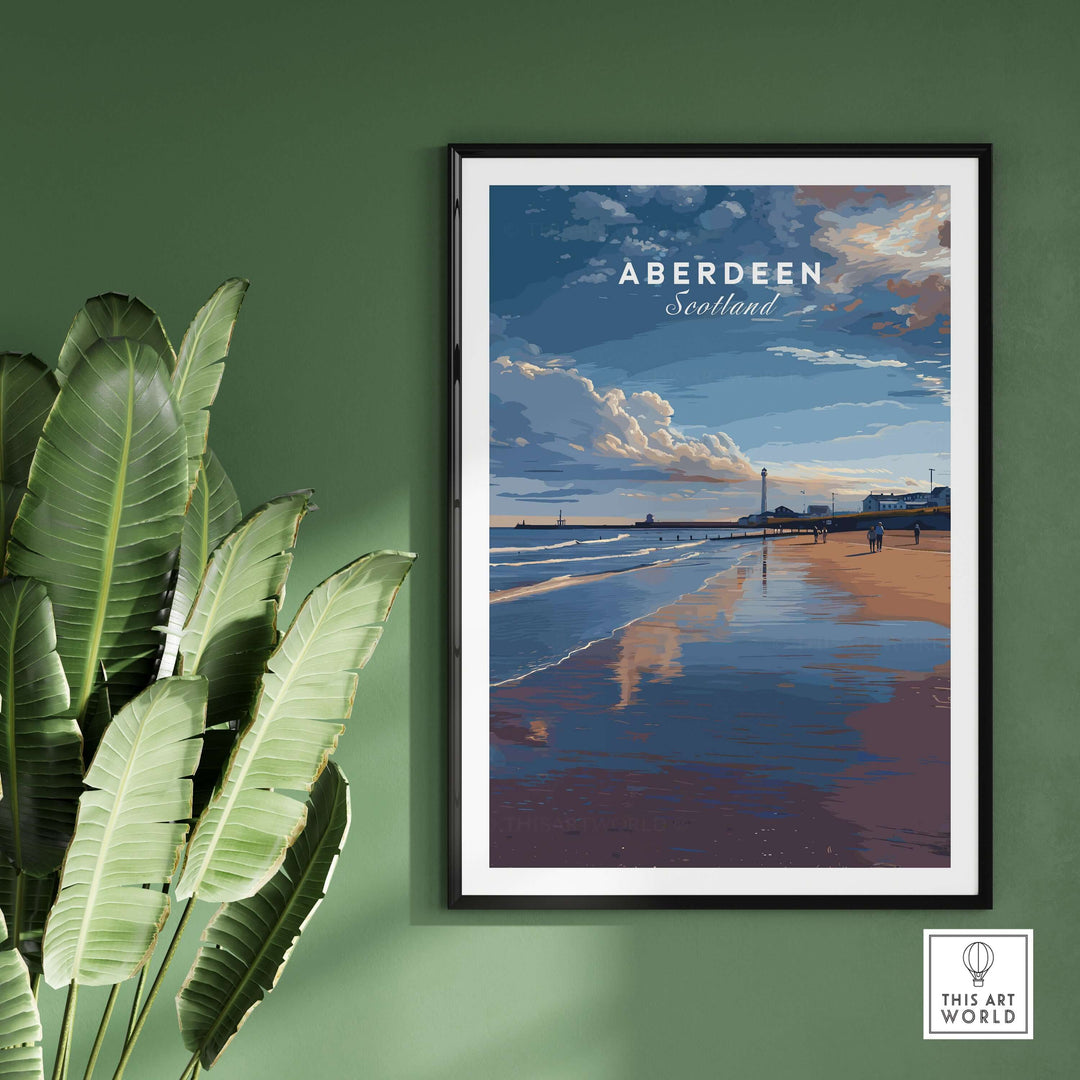 Aberdeen Dusk Beach Seascape Poster | Scottish Seaside Home Art displayed on a wall with green background and plants.