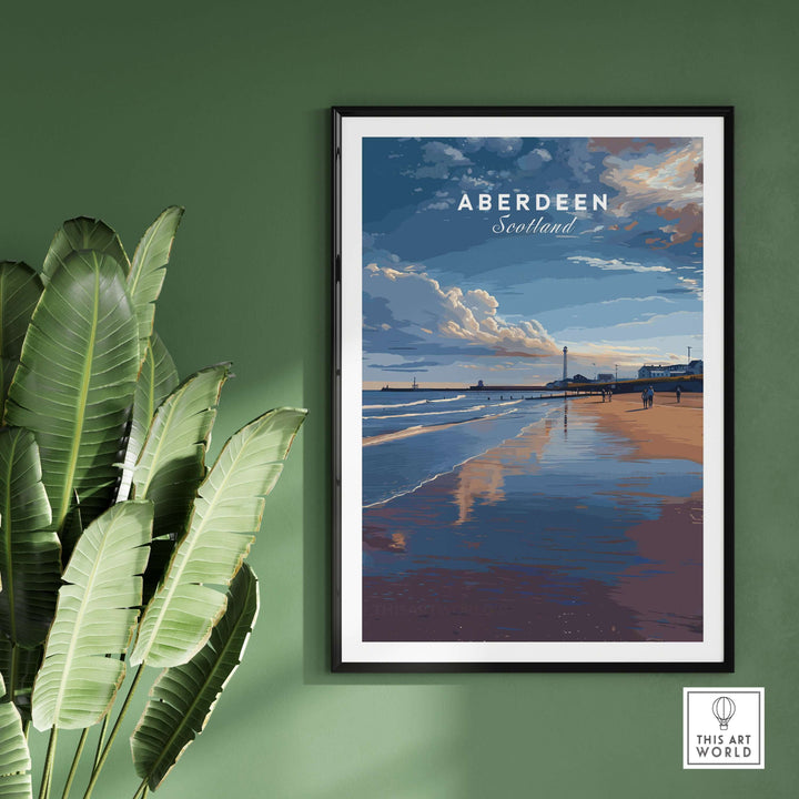 Aberdeen Dusk Beach Seascape Poster | Scottish Seaside Home Art displayed on a wall with green background and plants.
