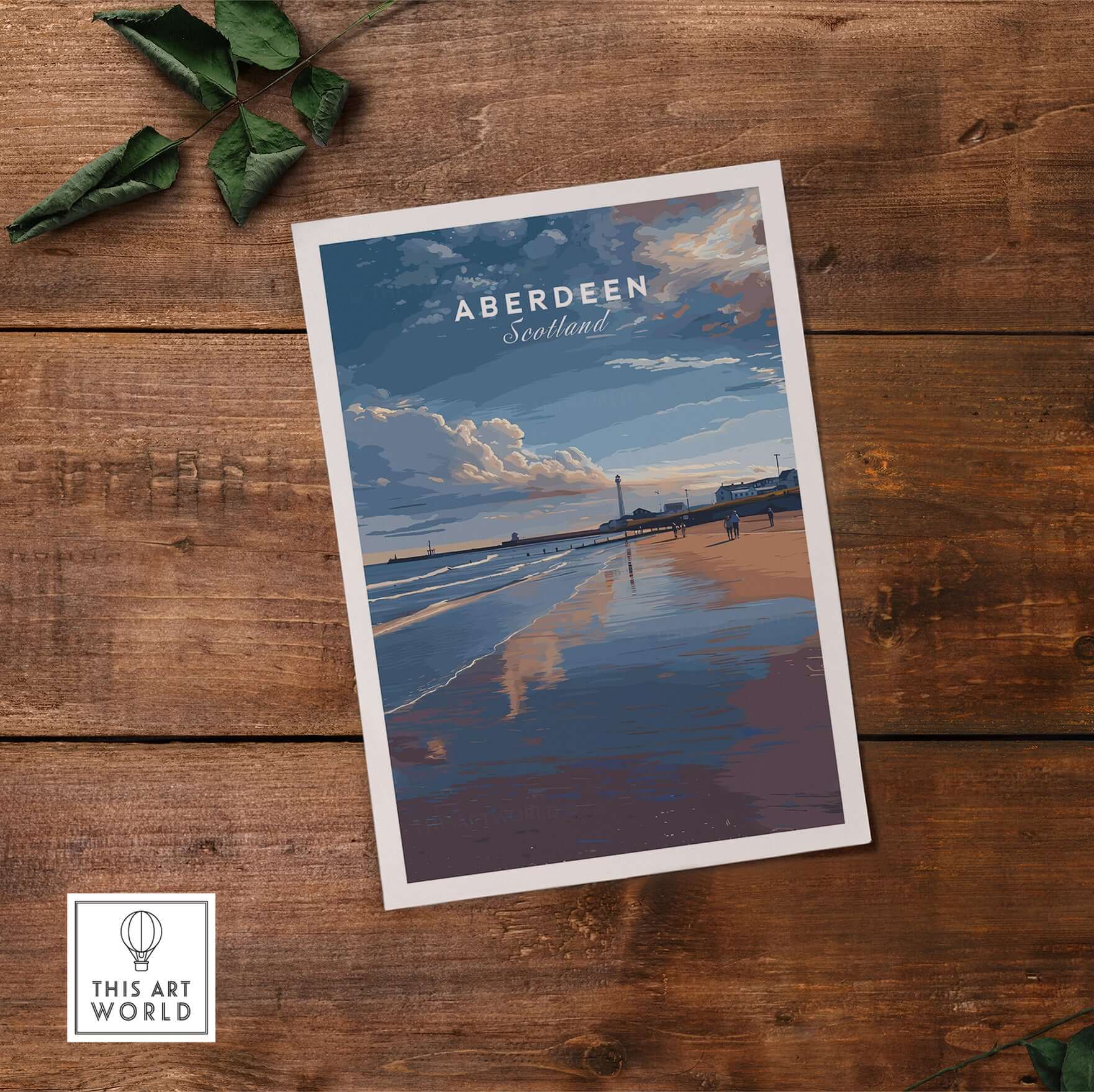 Aberdeen Dusk Beach Seascape Poster | Scottish Seaside Home Art on wooden surface with greenery.