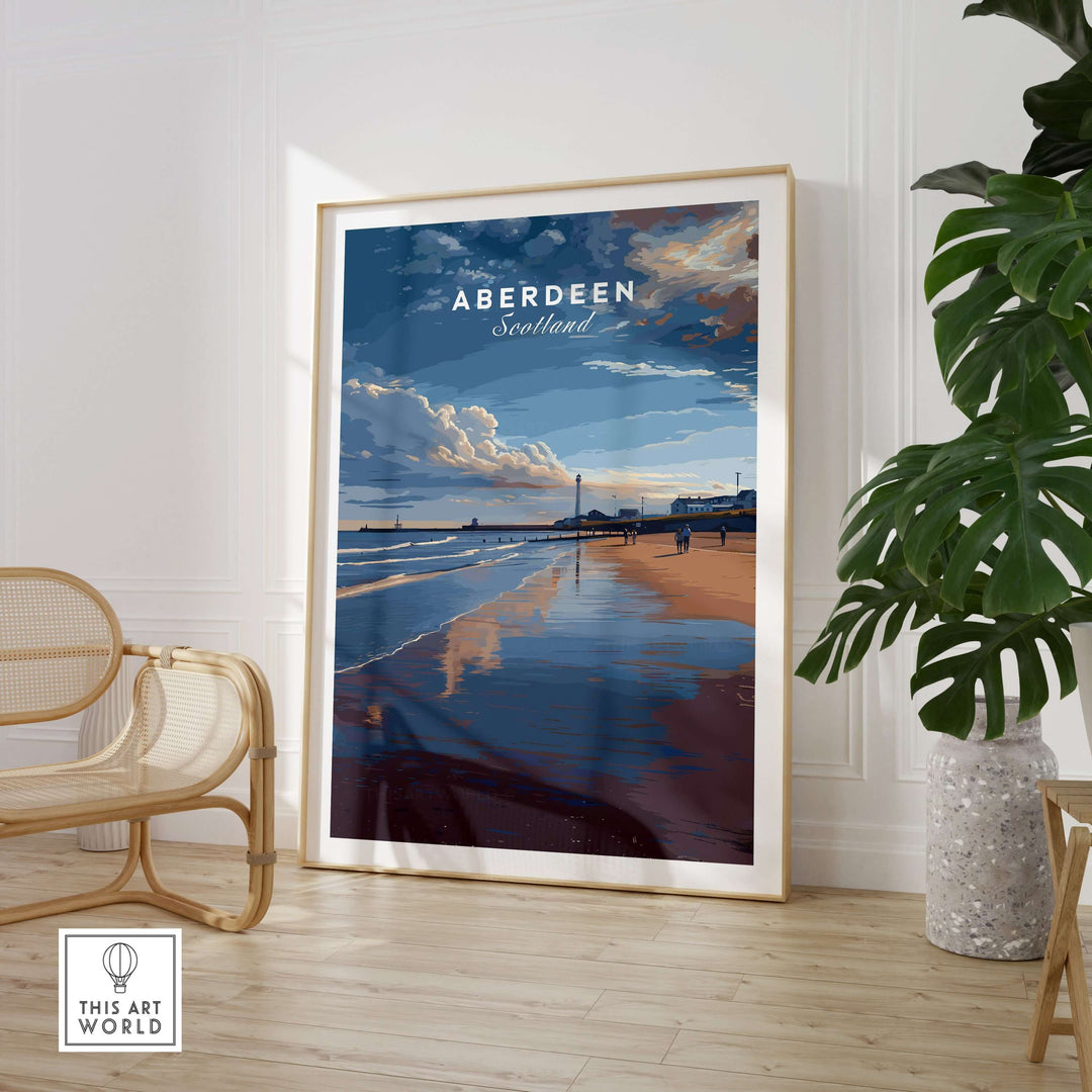 Aberdeen Dusk Beach Seascape Poster | Scottish Seaside Home Art displayed in a modern interior setting.