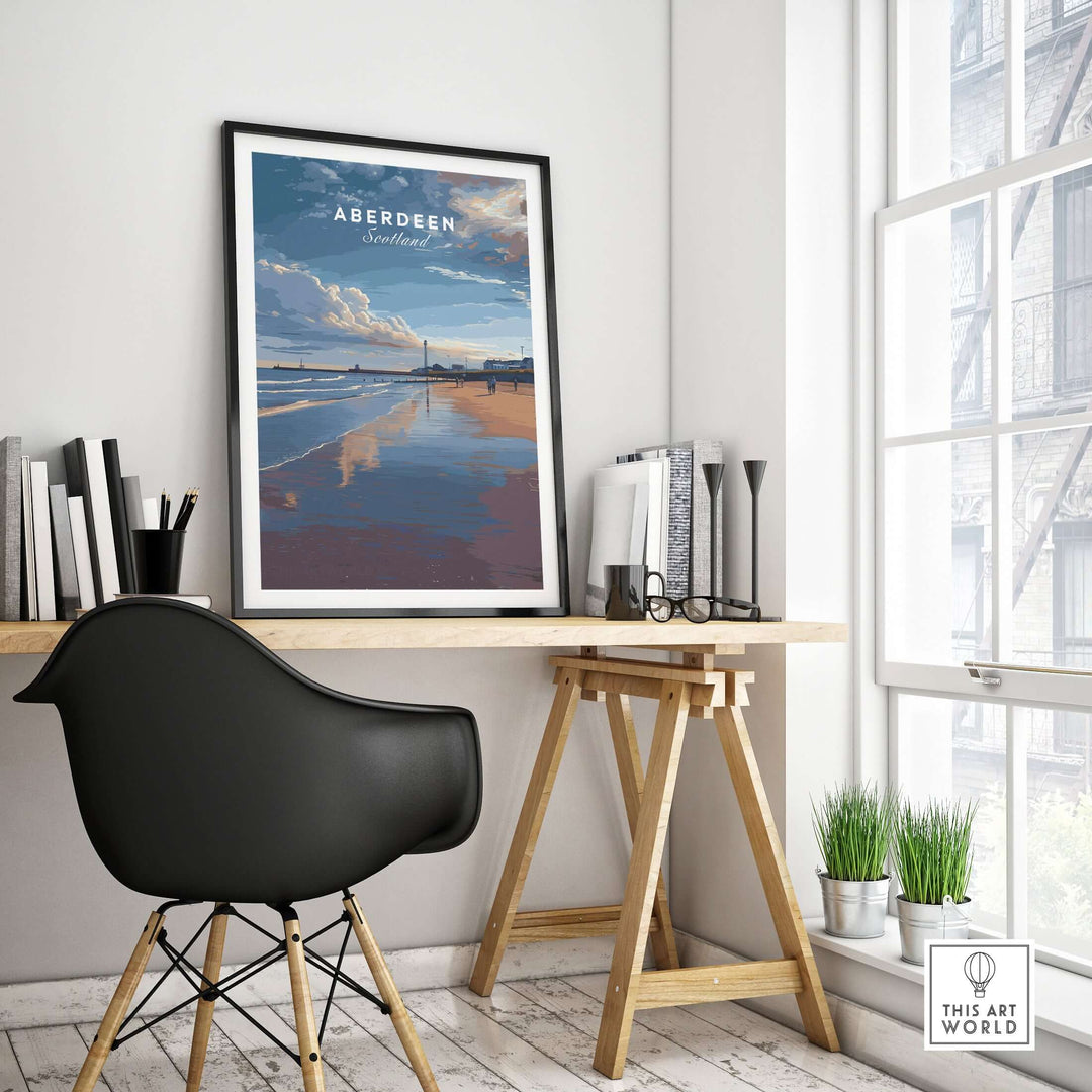 Aberdeen Dusk Beach Seascape Poster | Scottish Seaside Home Art displayed in a stylish interior office setting.