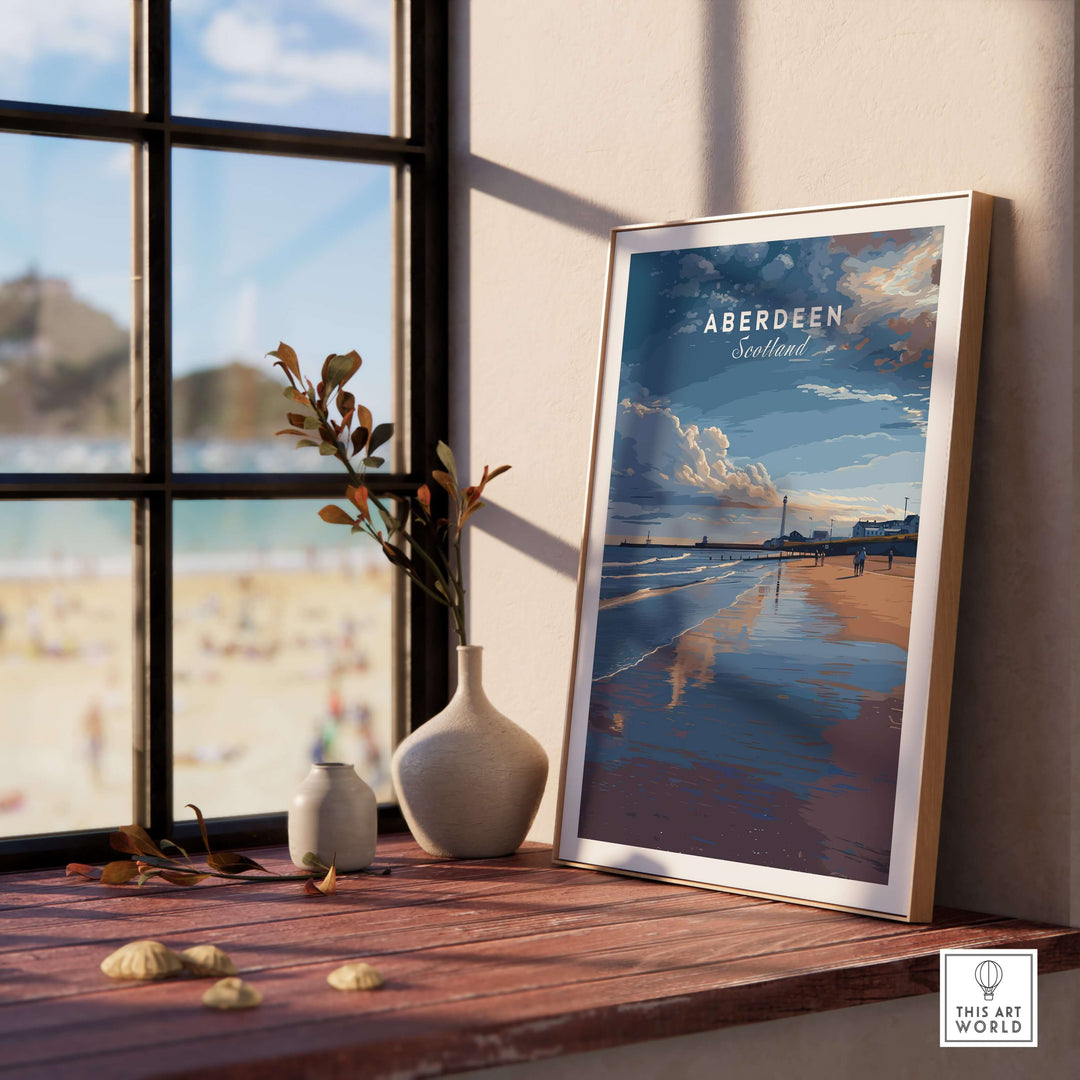 Aberdeen Dusk Beach Seascape Poster | Scottish Seaside Home Art displayed in a cozy interior setting.