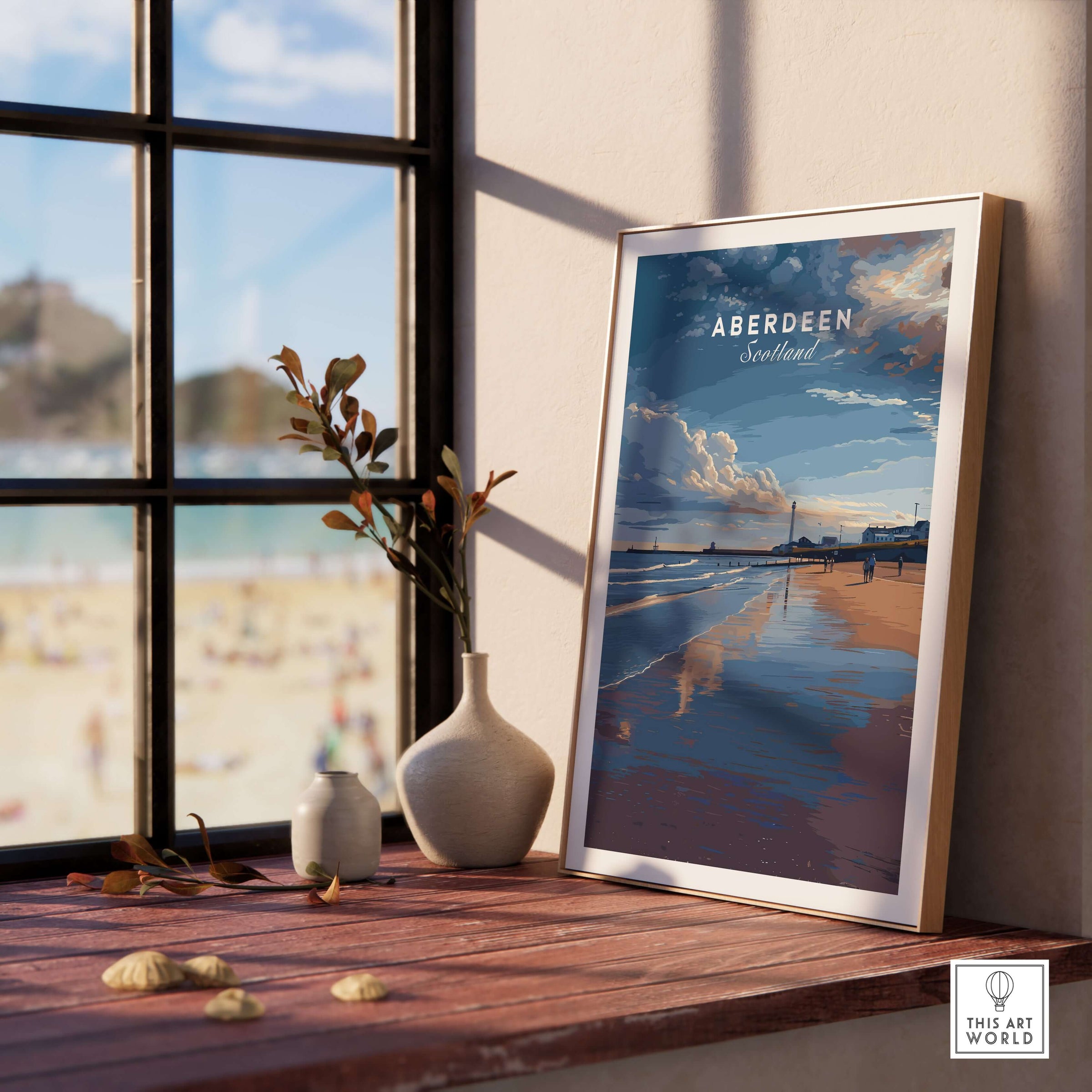 Aberdeen Dusk Beach Seascape Poster | Scottish Seaside Home Art displayed in a sunny room near a window.