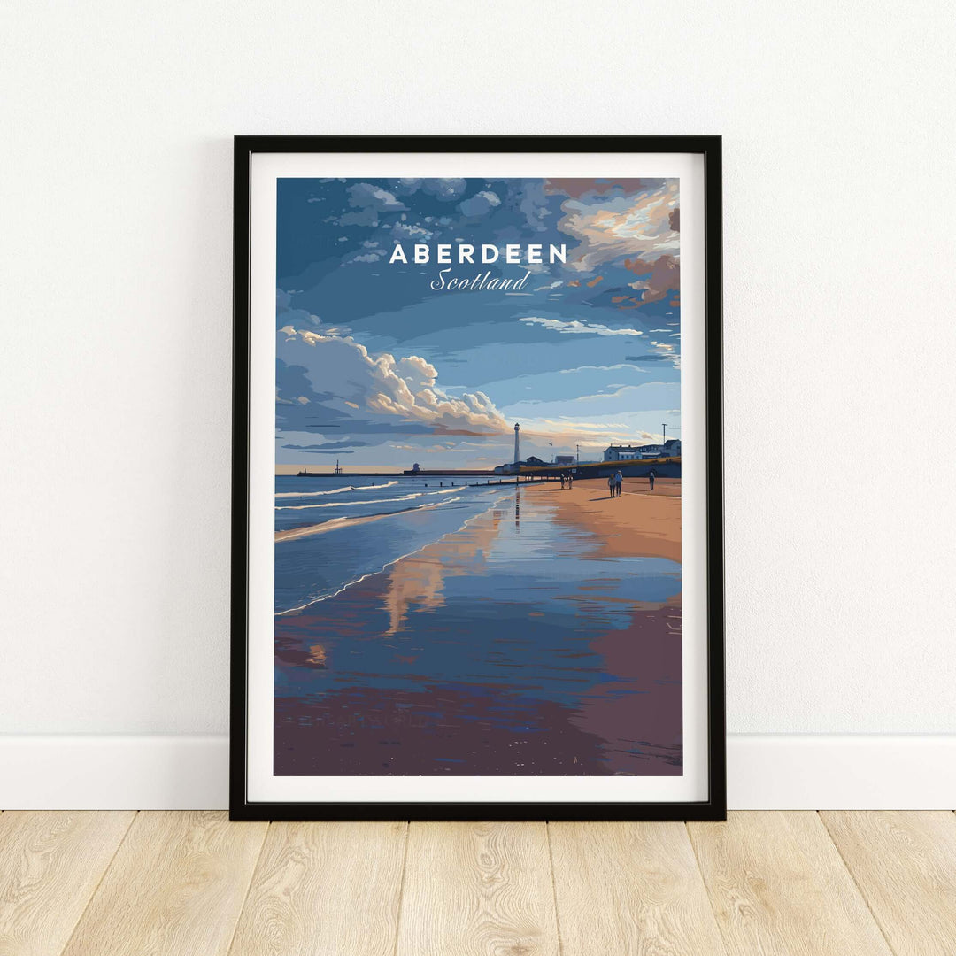 Aberdeen Dusk Beach Seascape Poster | Scottish Seaside Home Art framed on a wall, showcasing a serene coastal view.