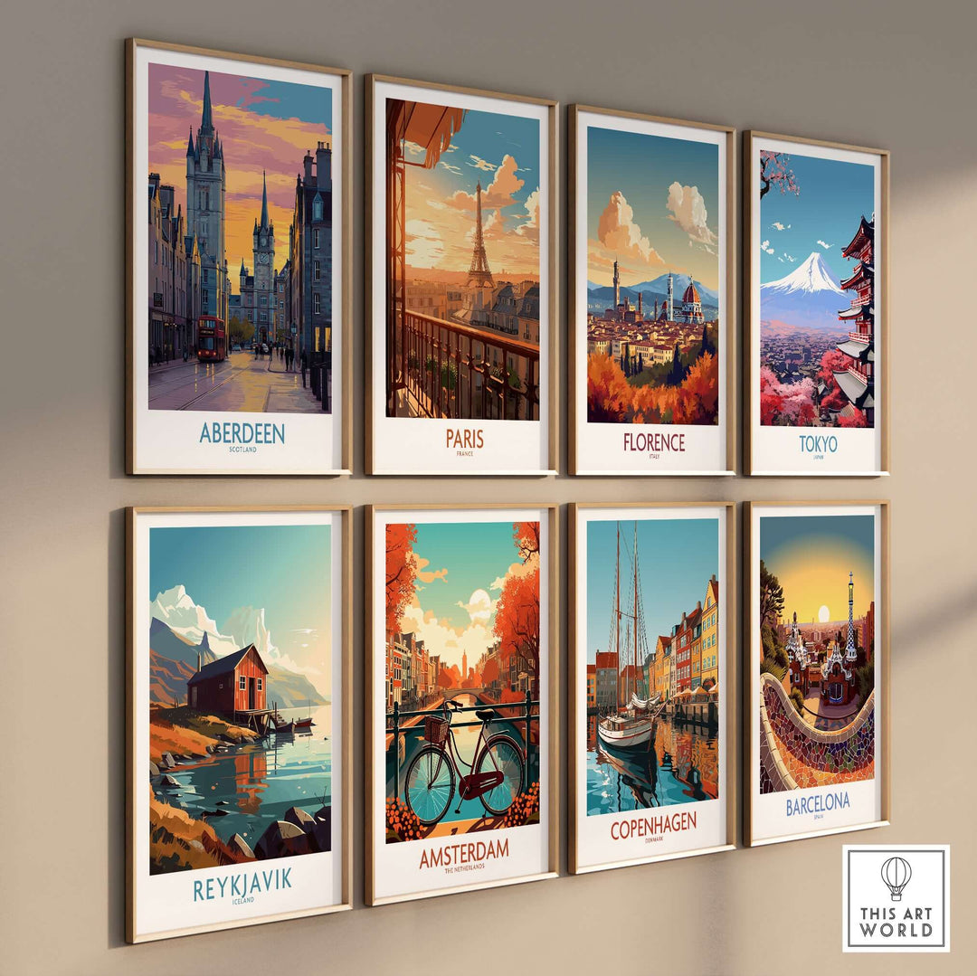 Aberdeen Scotland Sunset Art Print | Vibrant Cityscape Wall Poster on display with other cityscape art prints.