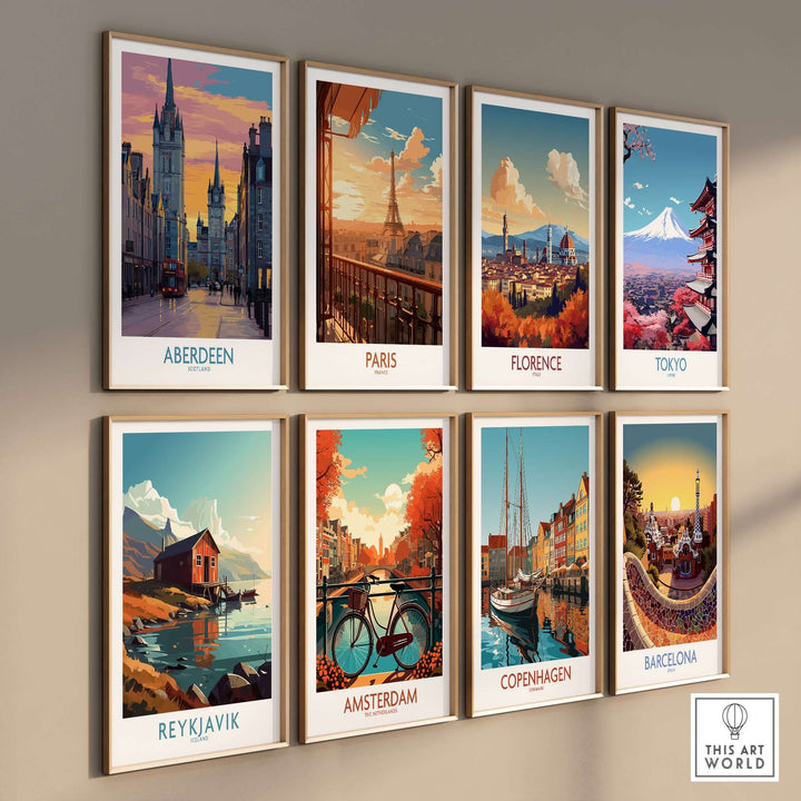 Aberdeen Scotland Sunset Art Print | Vibrant Cityscape Wall Poster on display with other cityscape art prints.