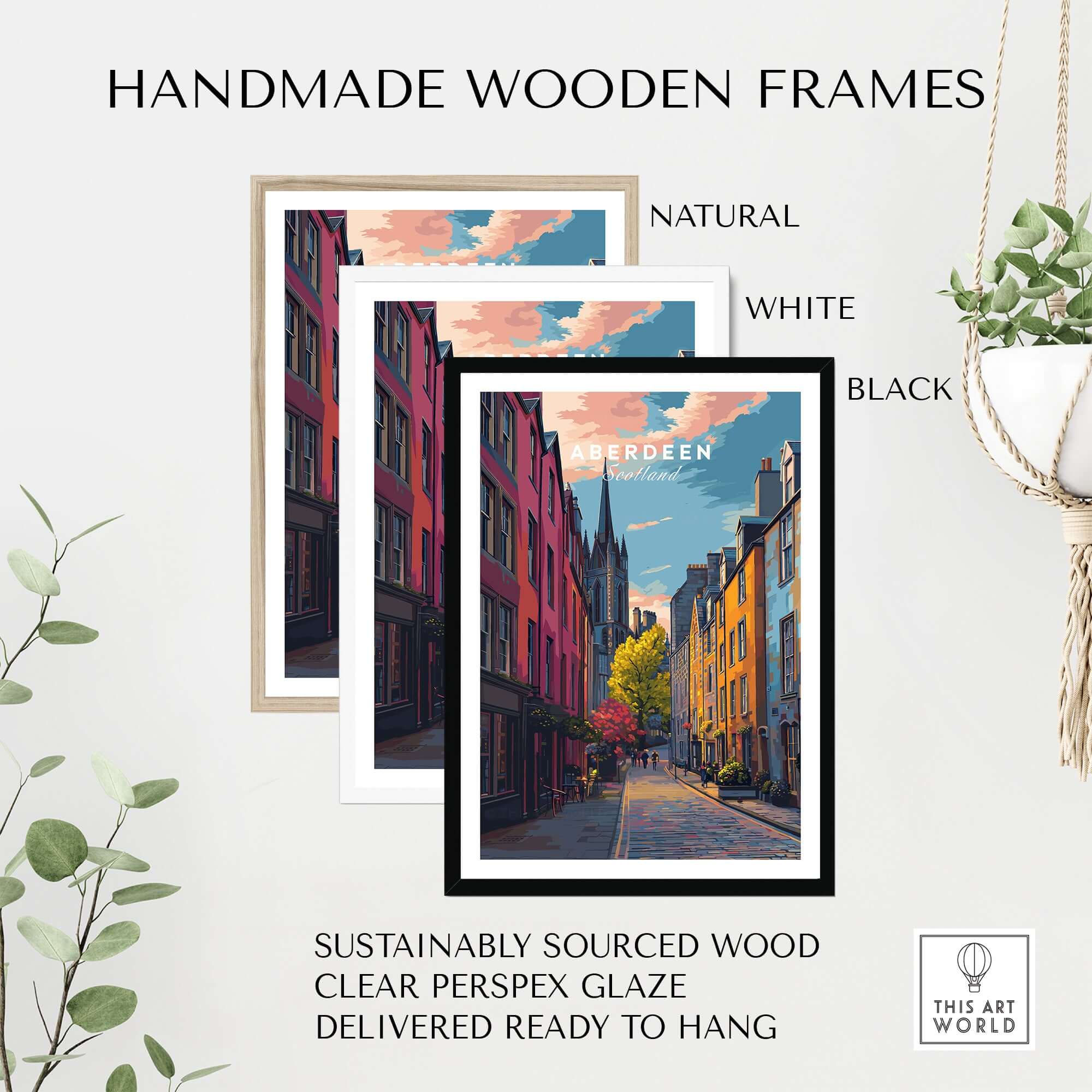 Aberdeen Historic Street View Poster | Scottish Architecture Decor framed in handmade wooden frames in natural, white, and black.