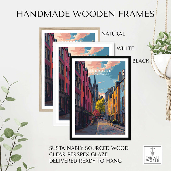 Aberdeen Historic Street View Poster | Scottish Architecture Decor in handmade wooden frames in natural, white, and black.