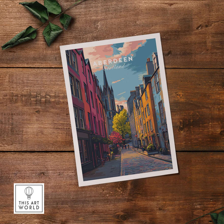Aberdeen Historic Street View Poster | Scottish Architecture Decor showcasing colorful buildings and scenic streets.