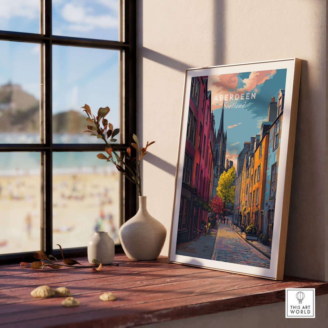 Aberdeen Historic Street View Poster | Scottish Architecture Decor displayed in a cozy interior with modern decor.