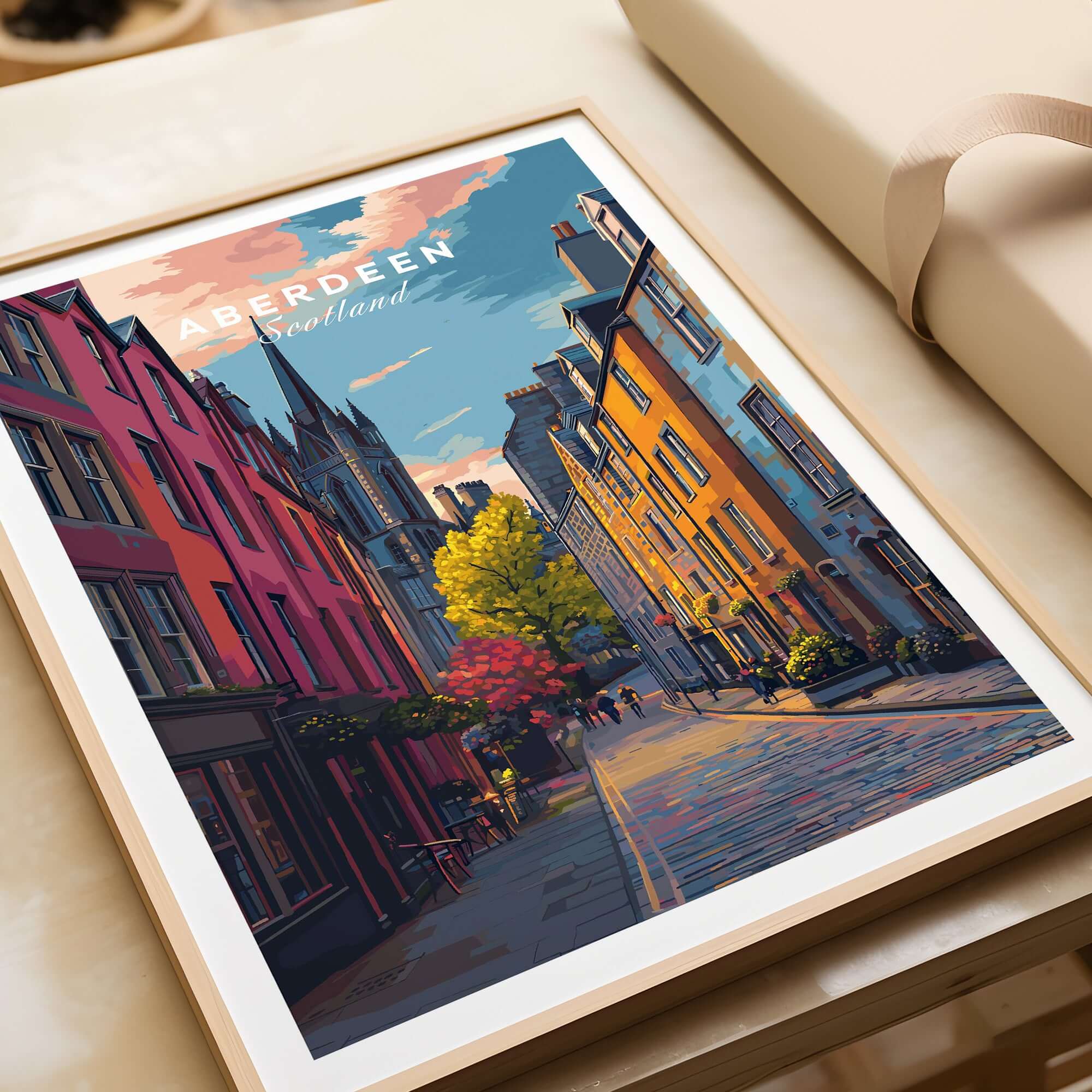 Aberdeen Historic Street View Poster | Scottish Architecture Decor featuring historic buildings and vibrant street scene.
