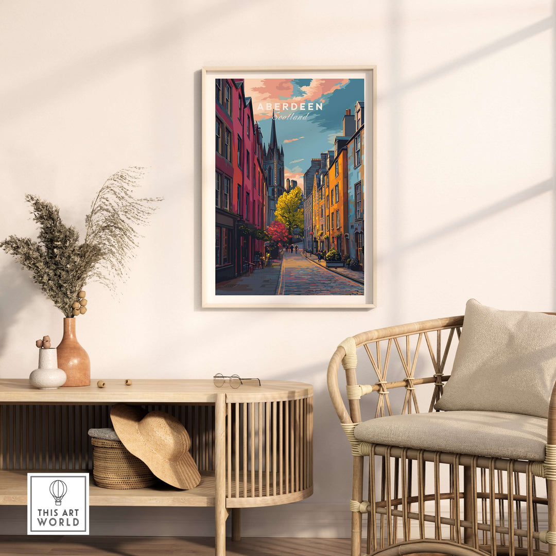 Aberdeen Historic Street View Poster | Scottish Architecture Decor displayed in a stylish home setting with modern furniture.