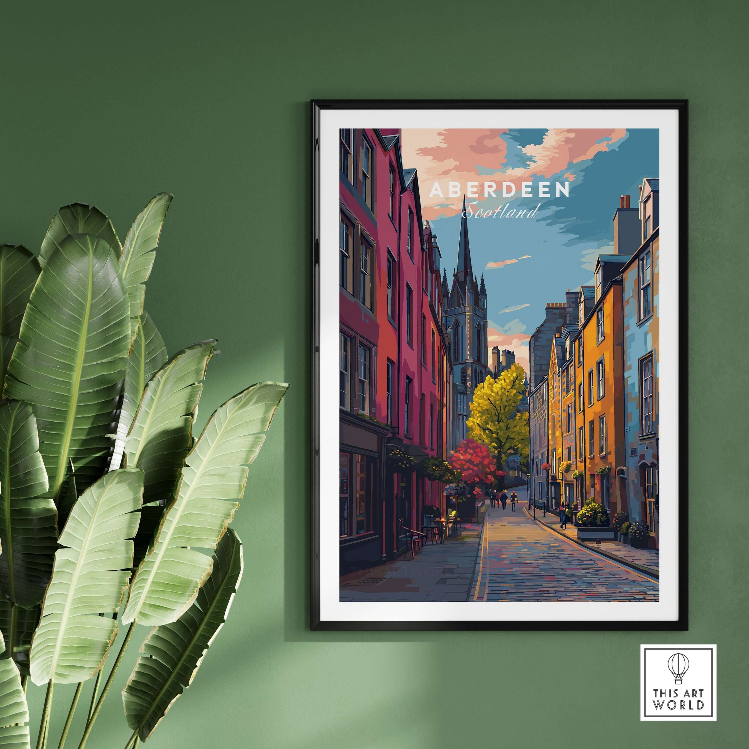 Aberdeen Historic Street View Poster | Scottish Architecture Decor showcasing vibrant city streets and colorful buildings.