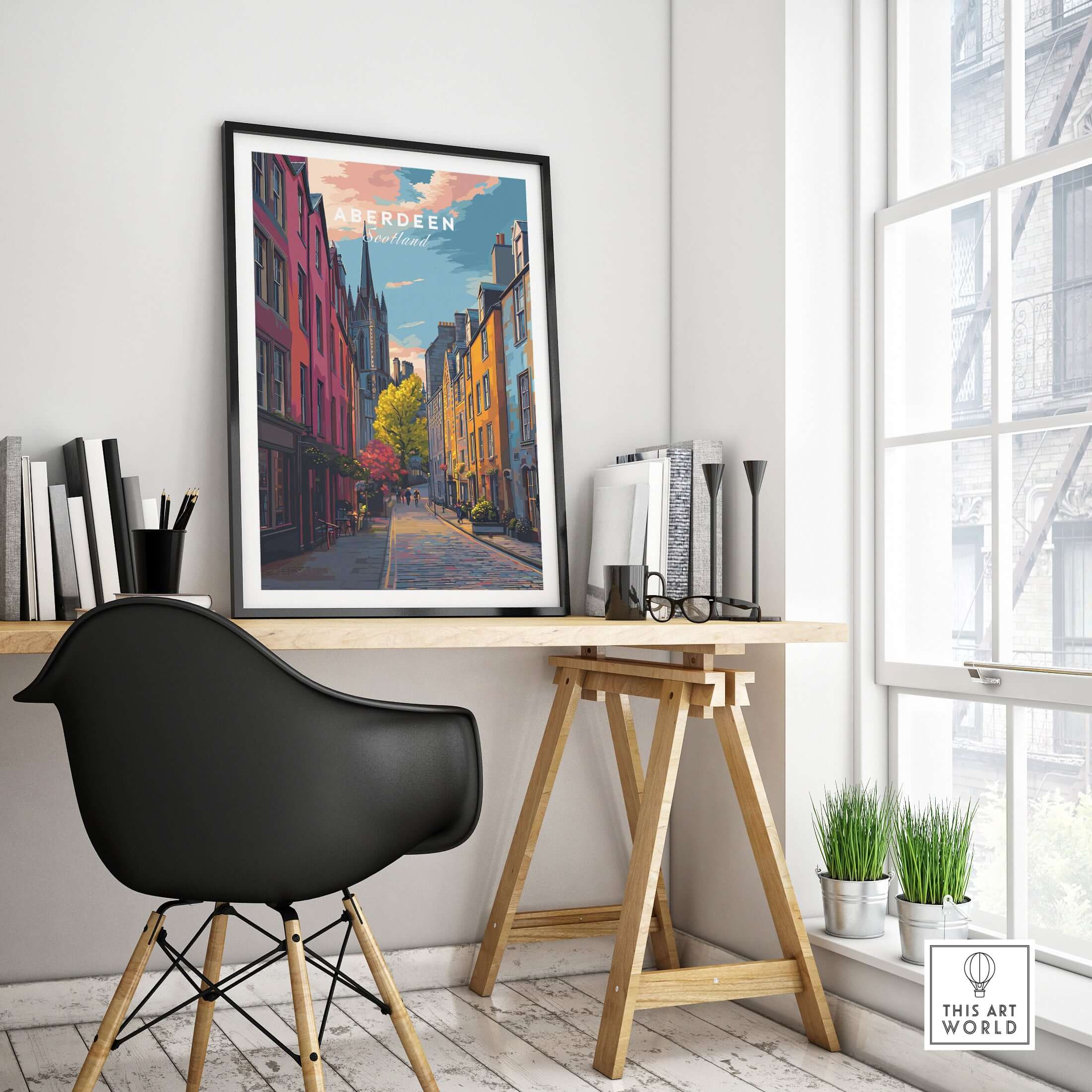 Aberdeen Historic Street View Poster | Scottish Architecture Decor displayed in a modern interior with a stylish chair and desk.