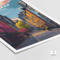 Aberdeen Historic Street View Poster | Scottish Architecture Decor featuring vibrant buildings and charming streetscapes.