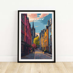 Aberdeen Historic Street View Poster | Scottish Architecture Decor showcasing colorful buildings and historic charm.