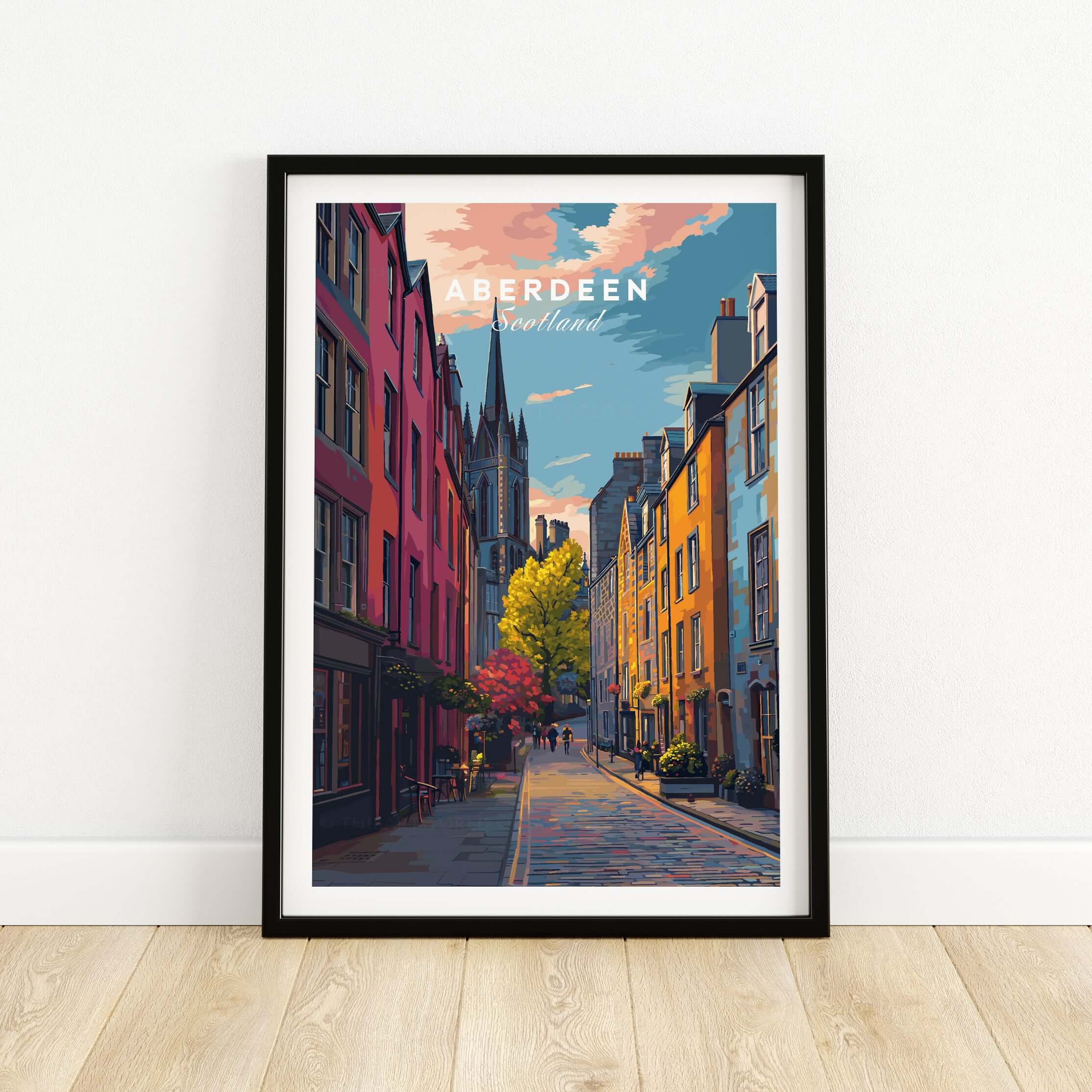 Aberdeen Historic Street View Poster | Scottish Architecture Decor showcasing colorful buildings and historic charm.