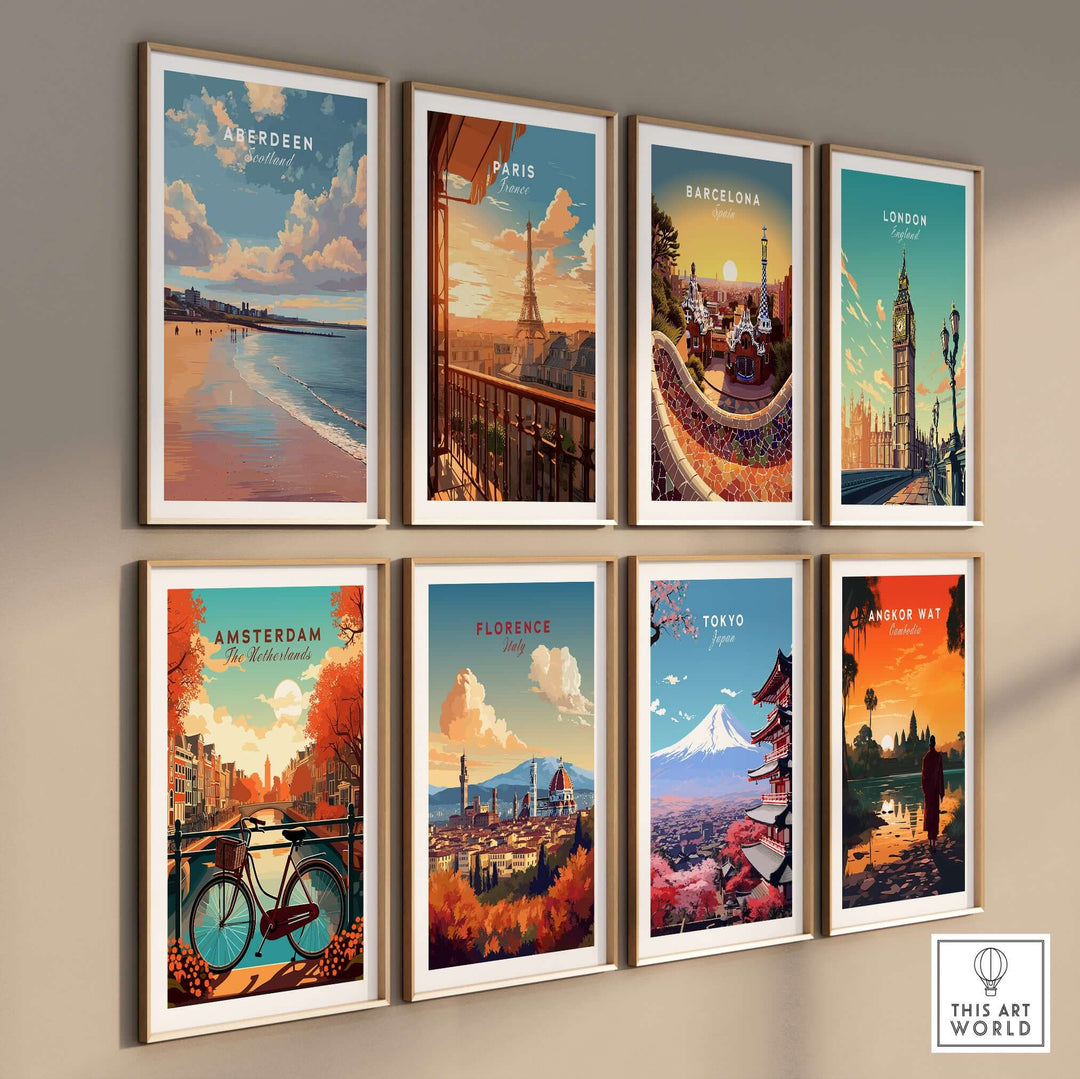 Aberdeen Beach Sunset Seascape Print | Colourful Coastal Wall Decor displayed in a collage of vibrant cityscape posters.