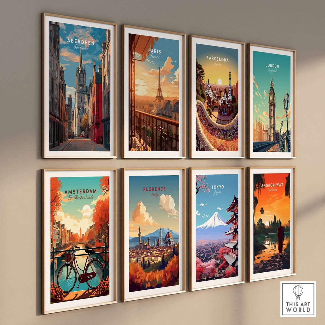 Aberdeen Poster | Scottish Cityscape Wall Art displayed among various city posters on a gallery wall.