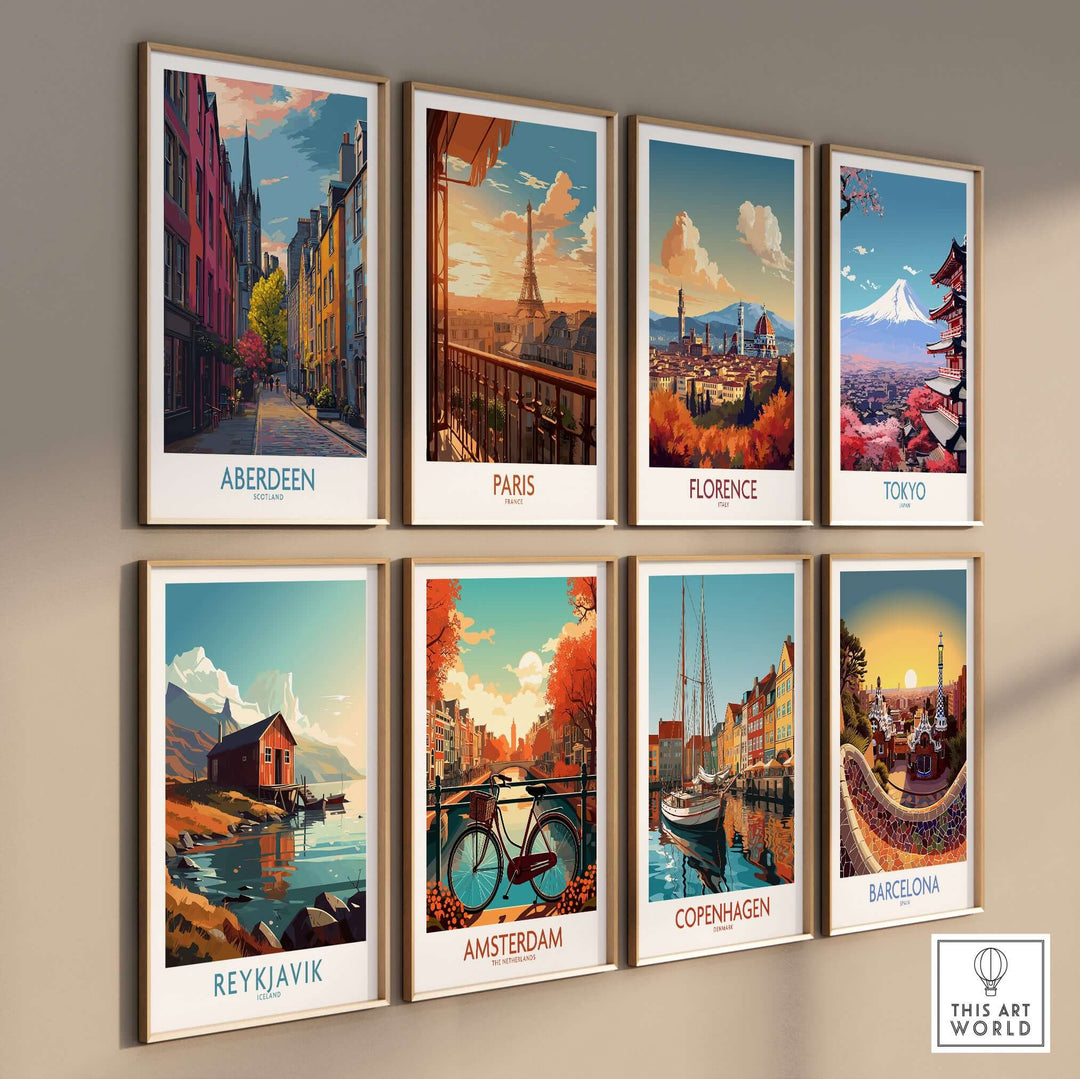Aberdeen Scotland Colourful Old Town Street Print | Vibrant City Wall Art showcased in a vibrant gallery wall display.