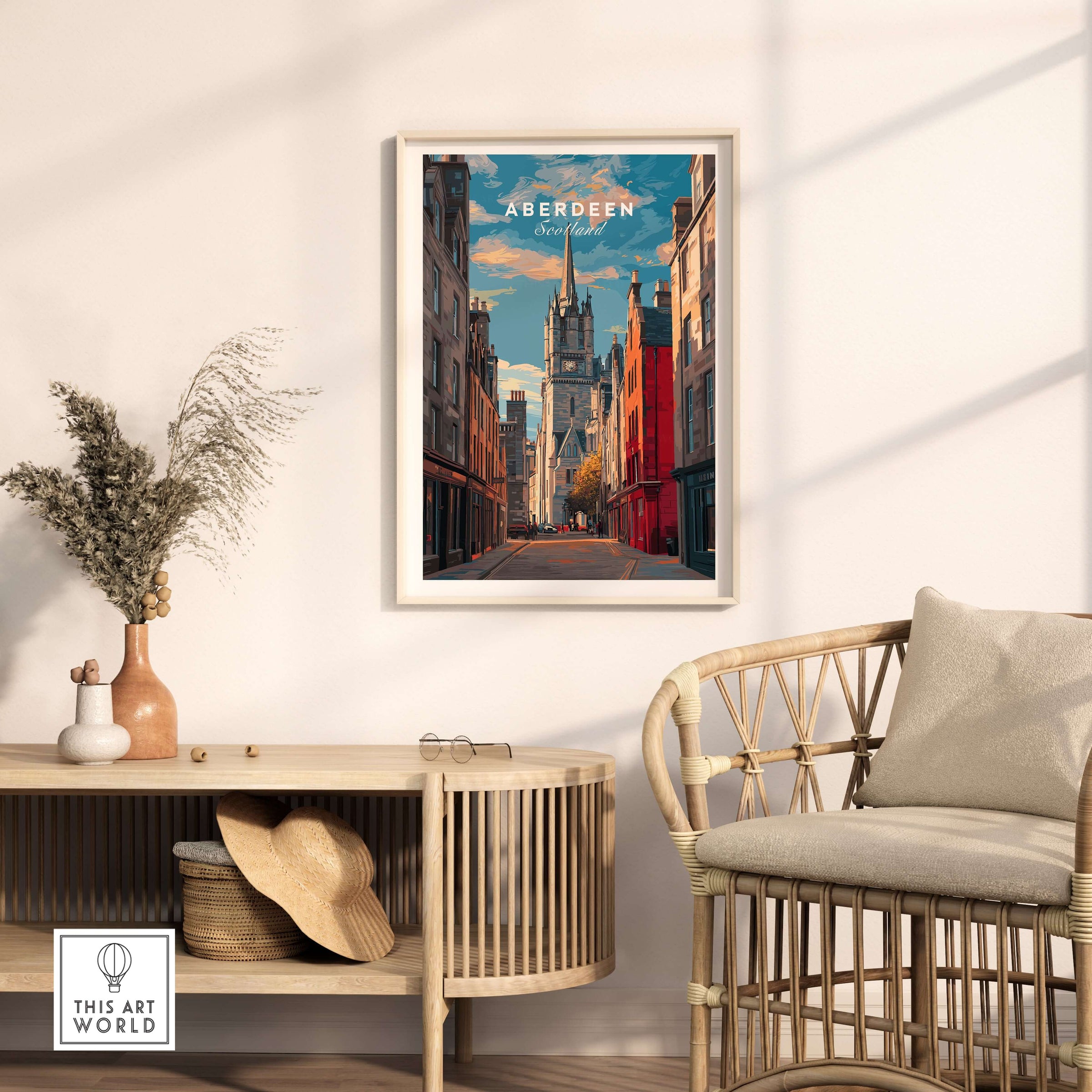 Aberdeen Poster | Scottish Cityscape Wall Art displayed in a stylish living room setting with a cozy chair.