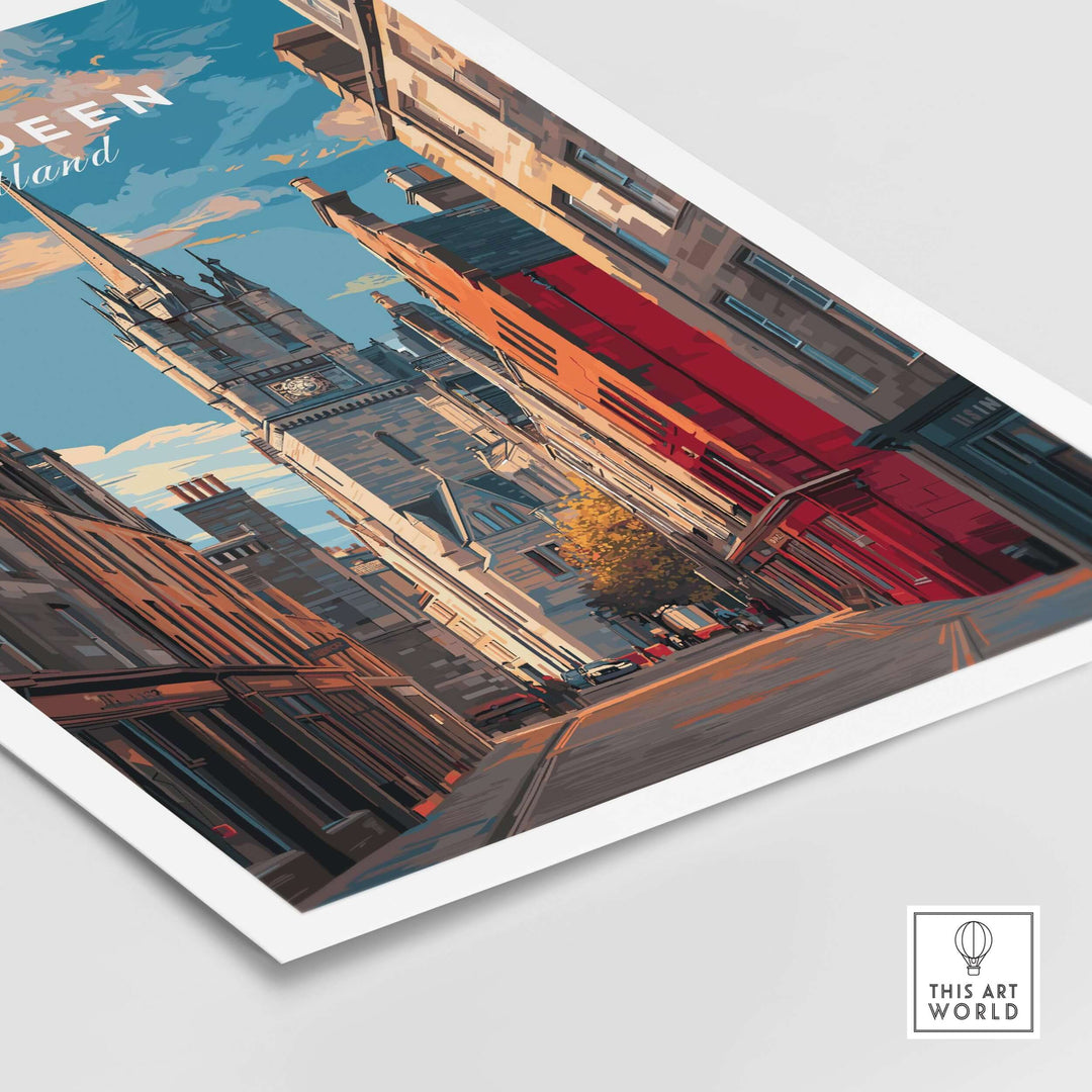 Aberdeen Poster | Scottish Cityscape Wall Art featuring a vibrant street view with unique architecture.