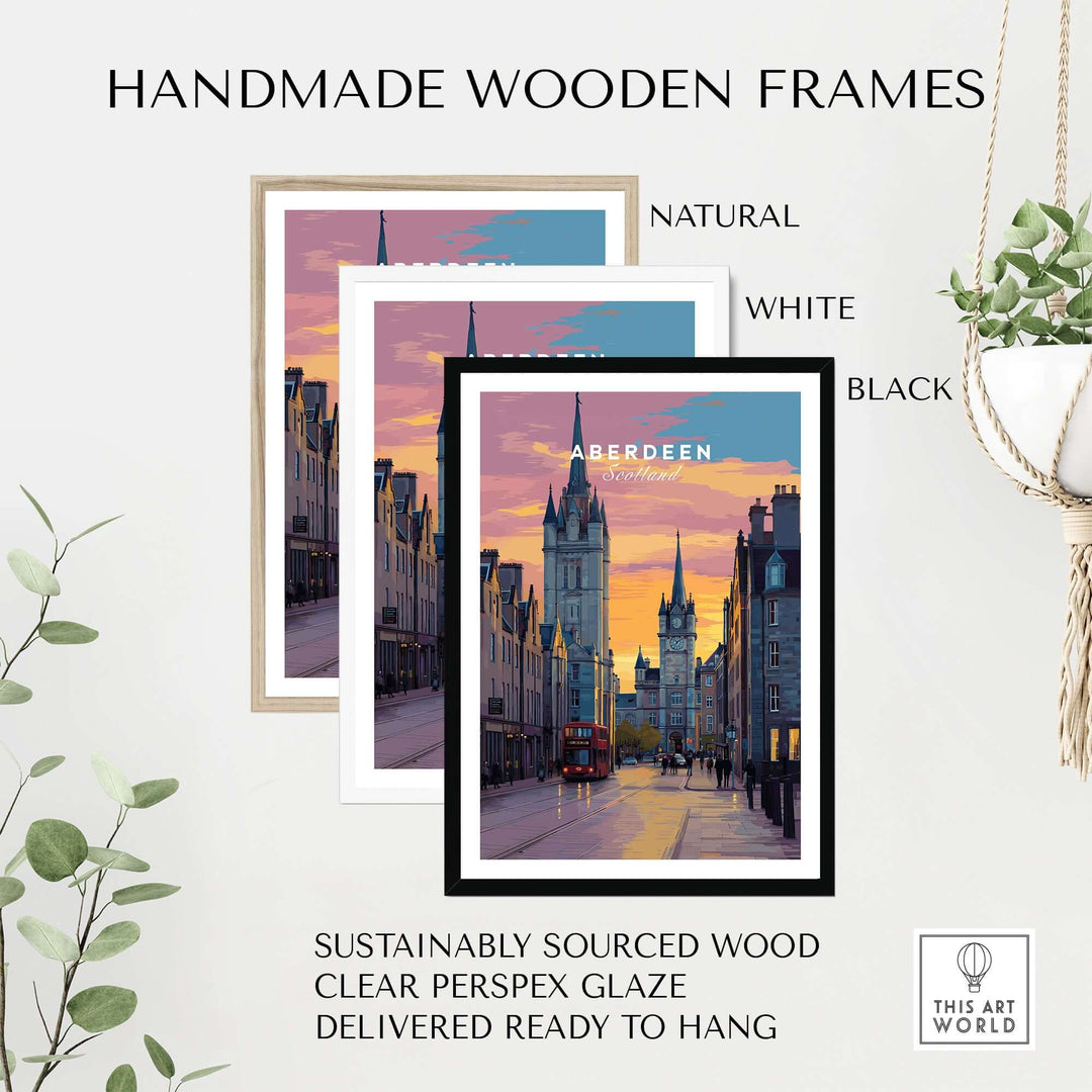 Aberdeen Poster | UK City Destination Wall Art displayed in three handmade wooden frames in natural, white, and black.