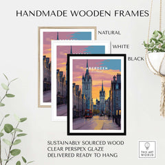 Aberdeen Poster | UK City Destination Wall Art displayed in three handmade wooden frames, showcasing natural, white, and black options.