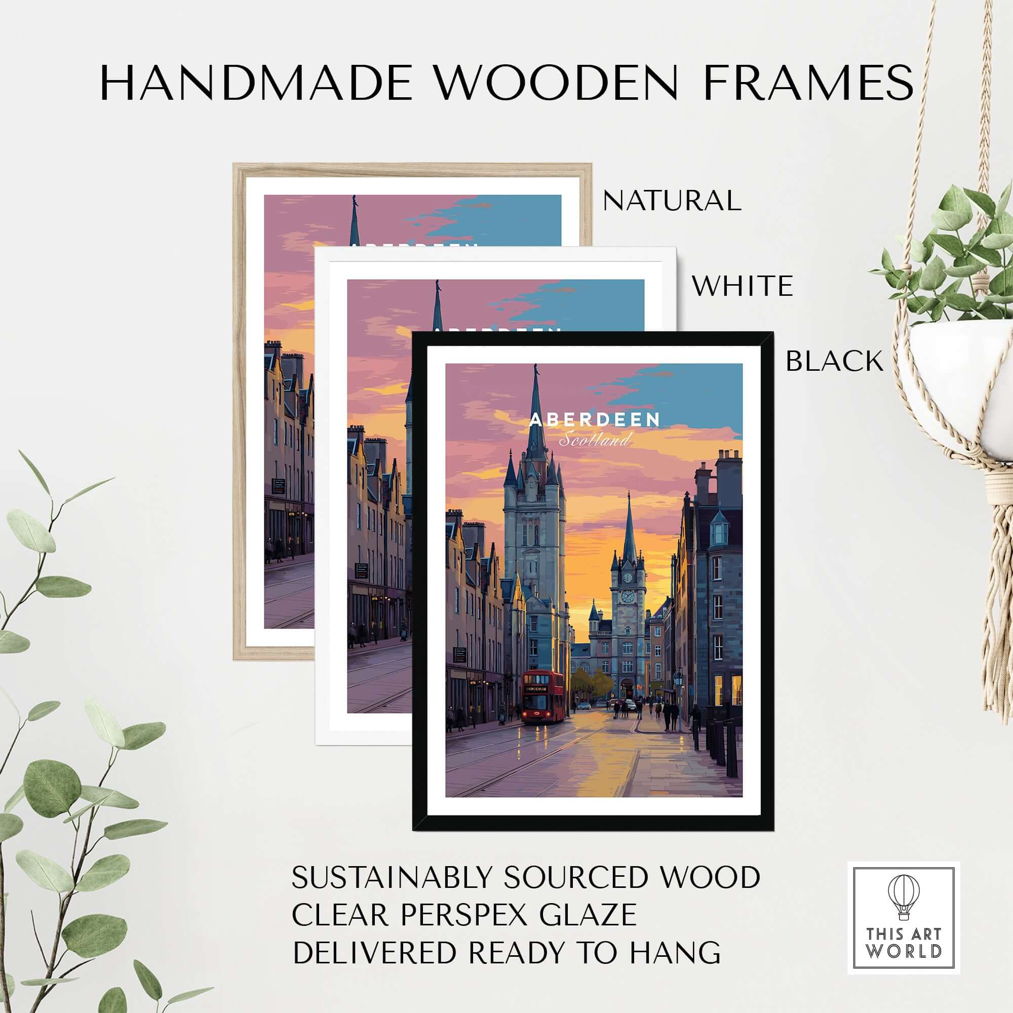 Aberdeen Poster | UK City Destination Wall Art displayed in three handmade wooden frames, showcasing natural, white, and black options.