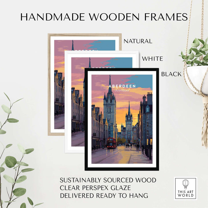 Aberdeen Poster | UK City Destination Wall Art displayed in three handmade wooden frames in natural, white, and black.
