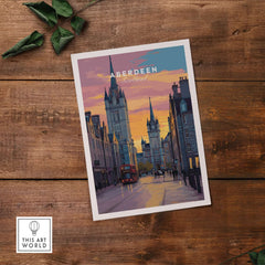 Aberdeen Poster | UK City Destination Wall Art showcasing a vibrant street scene in Aberdeen, Scotland at sunset.