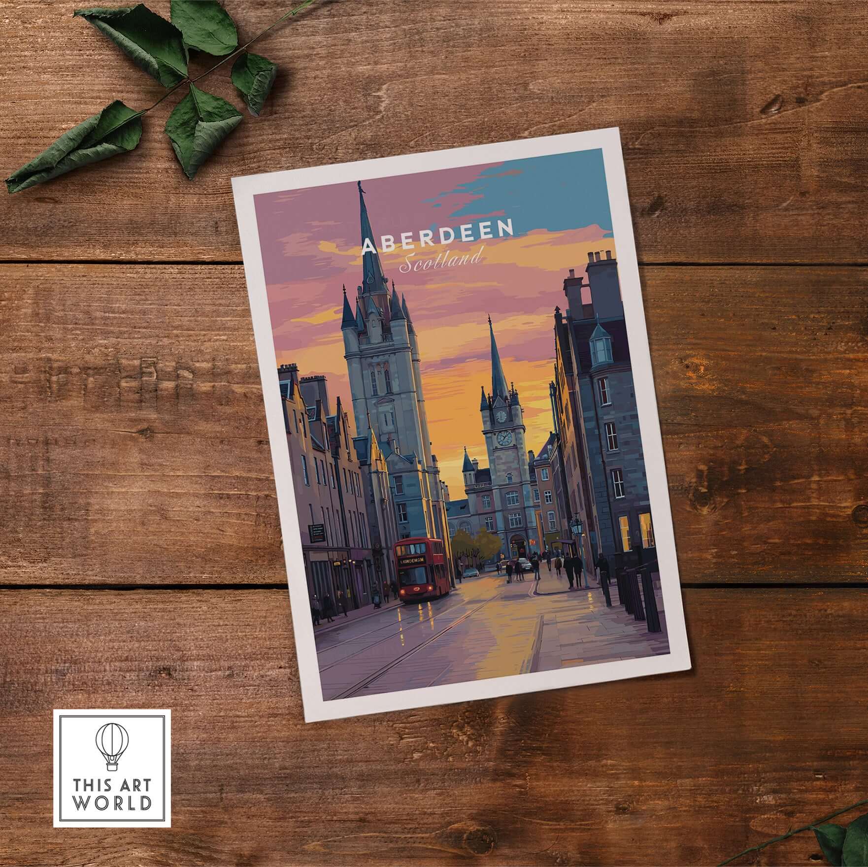 Aberdeen Poster | UK City Destination Wall Art showcasing a vibrant street scene in Aberdeen, Scotland at sunset.