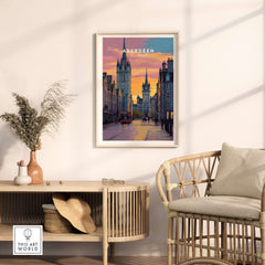 Aberdeen Poster | UK City Destination Wall Art displayed in a stylish interior setting with a cozy chair.
