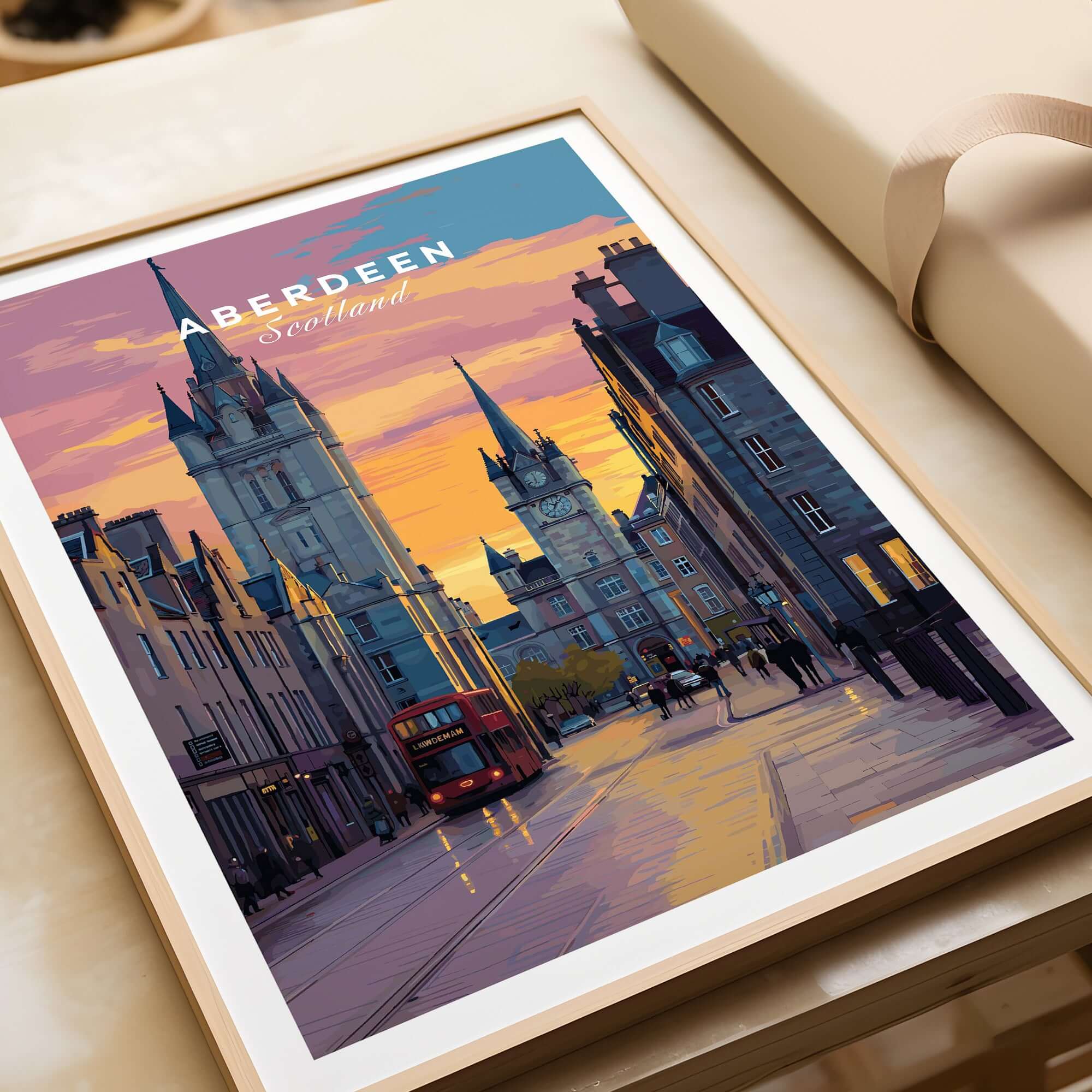 Aberdeen Poster | UK City Destination Wall Art showcasing a vibrant street scene in Scotland at sunset.