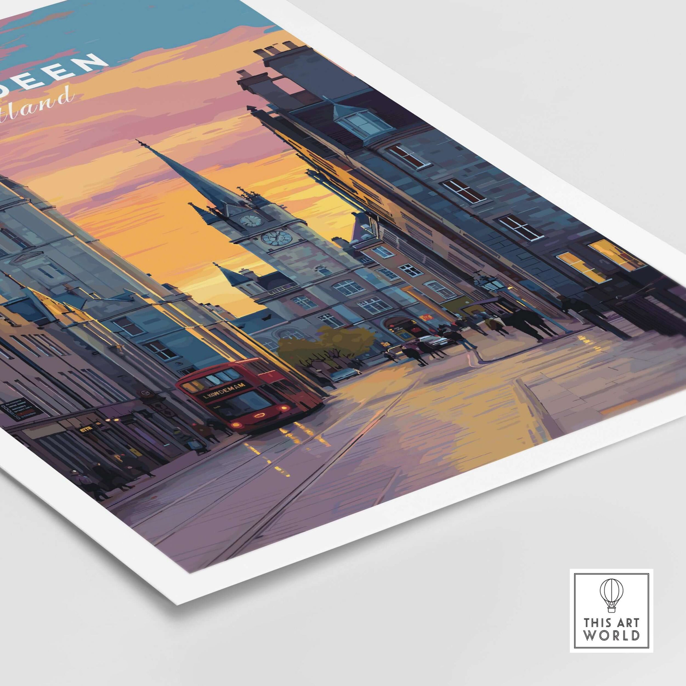 Aberdeen Poster | UK City Destination Wall Art showcasing a vibrant street scene at sunset in Aberdeen, Scotland.